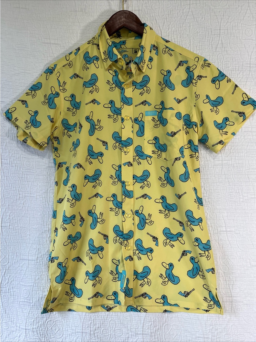 Retro Rifle Shirt Mens Small Billy Ducks Button Up Short Sleeve Stretch Yellow S